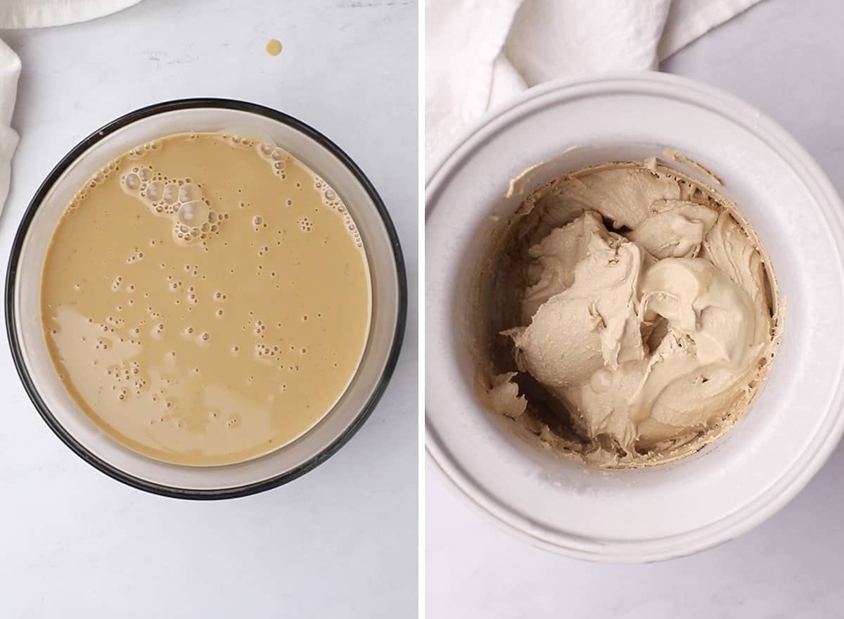 two photos showing How to Make Coffee Ice Cream - chilling and churning the ice cream