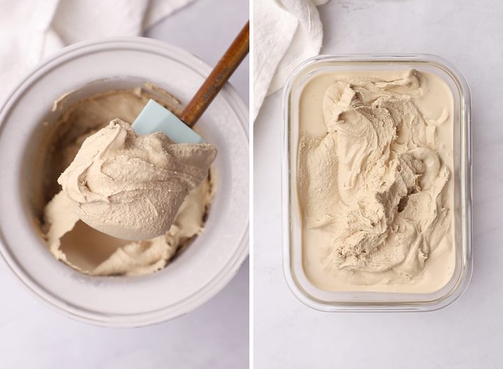 two photos showing How to Make Coffee Ice Cream - after churning and in a freezer container 