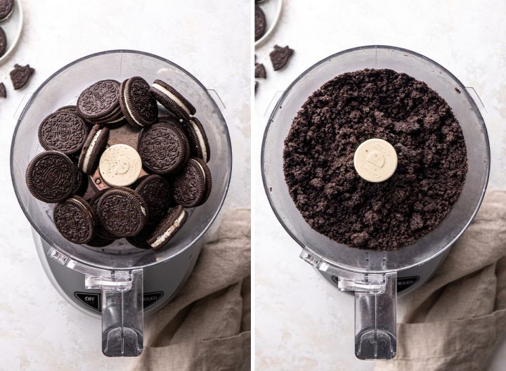 two photos showing How to Make Oreo Pie - crushing the oreos for the crust