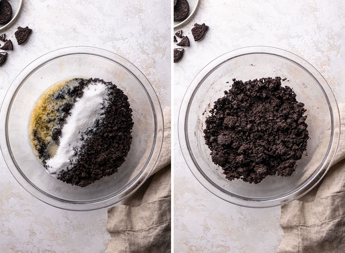 two photos showing How to Make Oreo Pie - making the Oreo crust