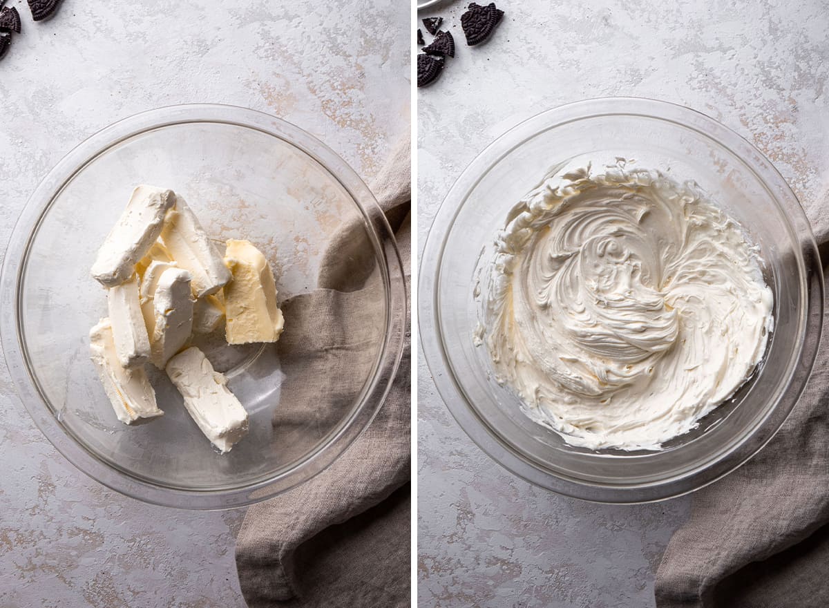 two photos showing How to Make Oreo Pie - making the filling
