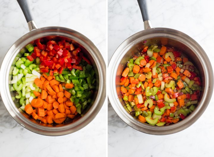 two overhead photos showing how to make vegetable soup