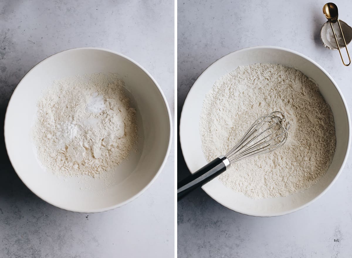 two photos showing How to Make Yellow Cake From Scratch - mixing the dry ingredients