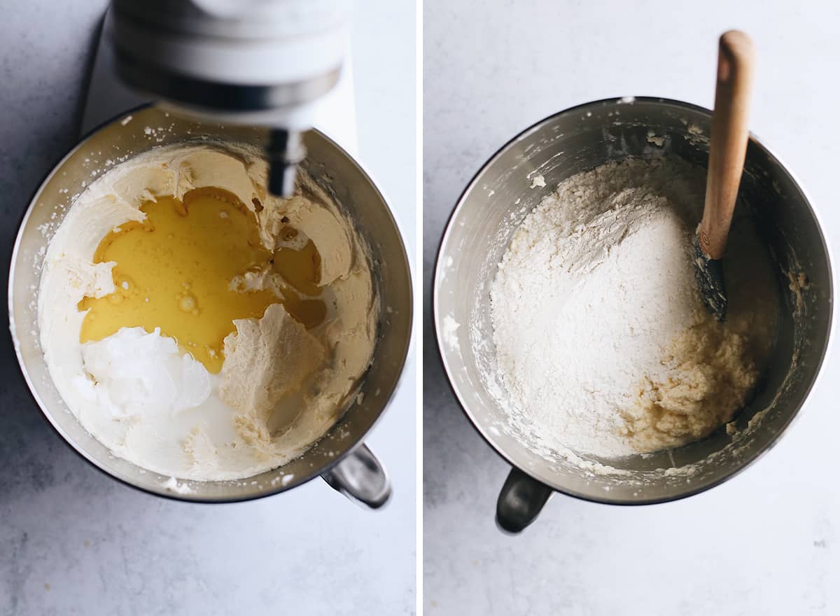 two photos showing How to Make Yellow Cake From Scratch, adding wet ingredients & dry mixture