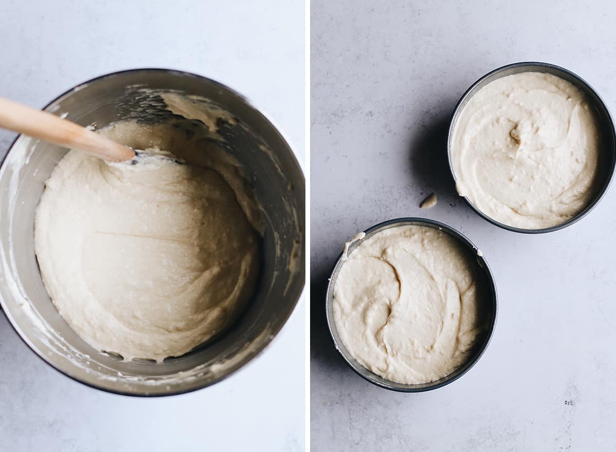 two photos showing How to Make Yellow Cake From Scratch, putting the batter into the cake pans