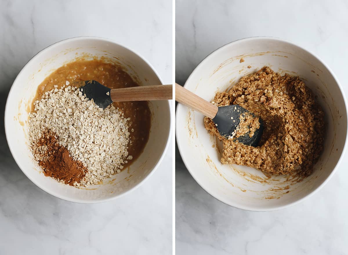 two photos showing how to make Peanut Butter Banana Cookies, adding dry ingredients