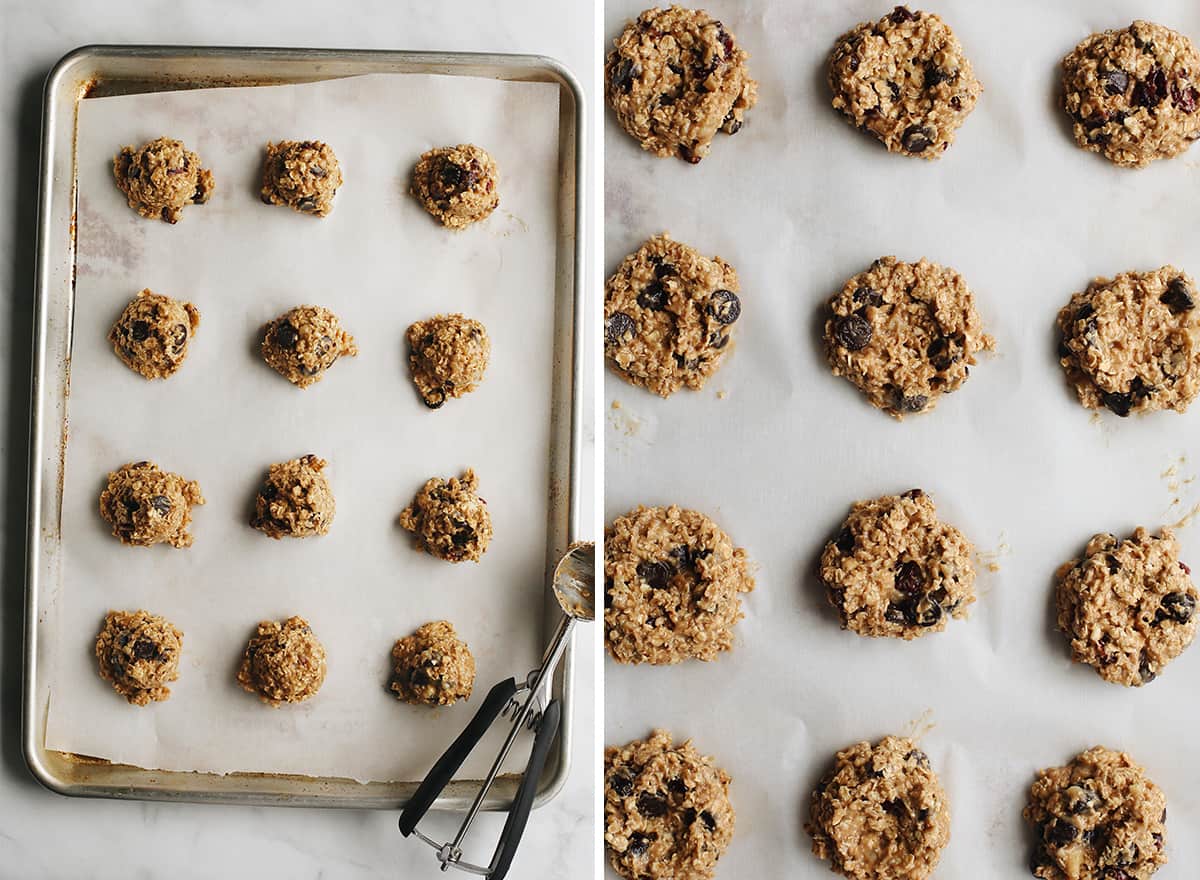 two photos showing how to make Peanut Butter Banana Cookies, baking on a baking sheet