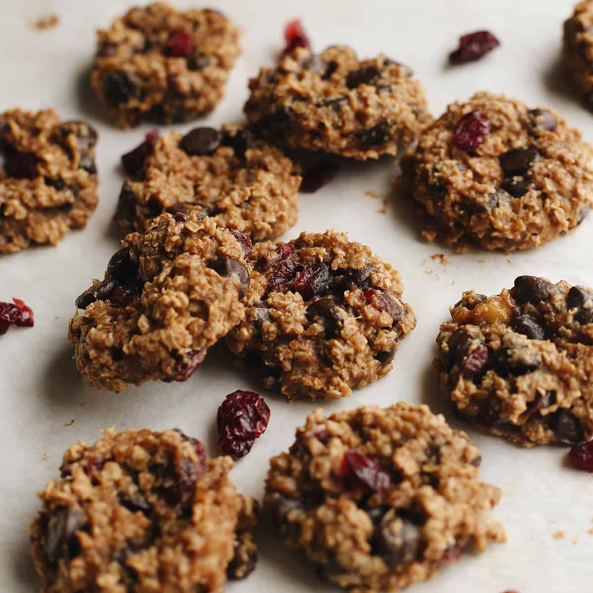 10 Peanut Butter Banana Cookies with chocolate chips and dried cranberries