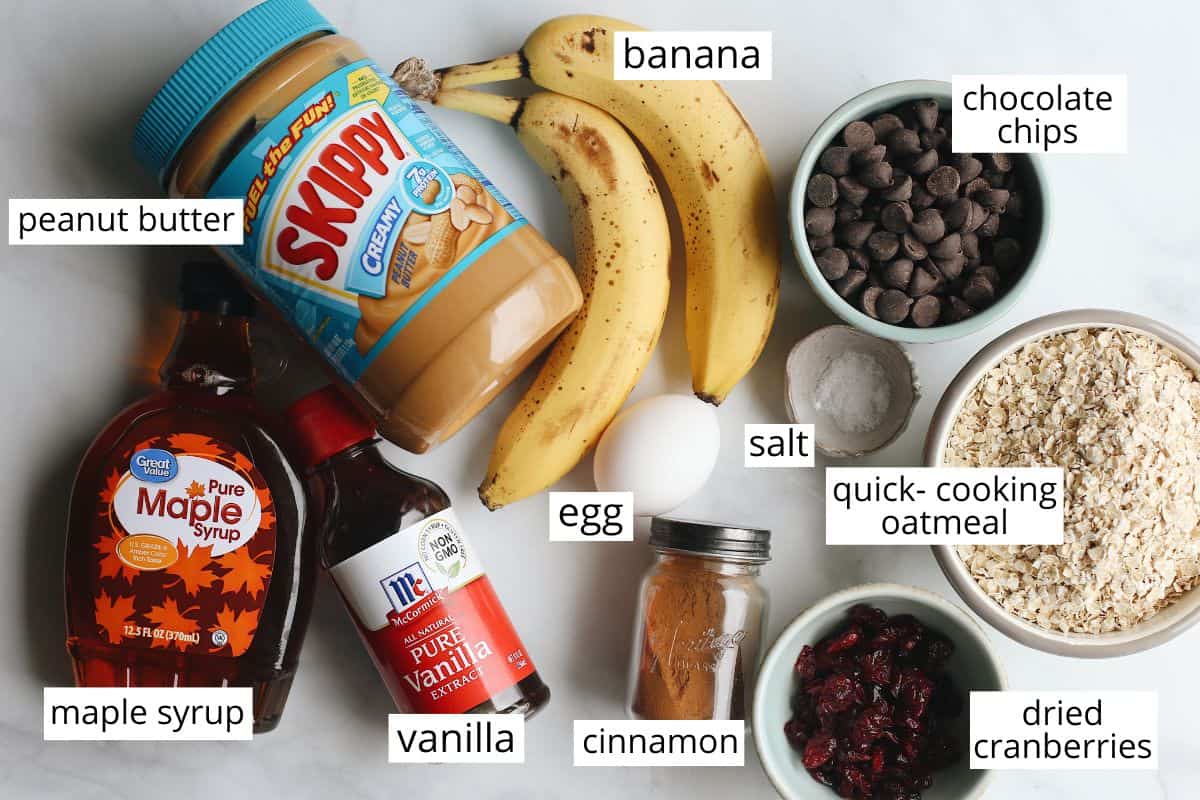 overhead photo of the labeled ingredients in this Peanut Butter Banana Cookies recipe