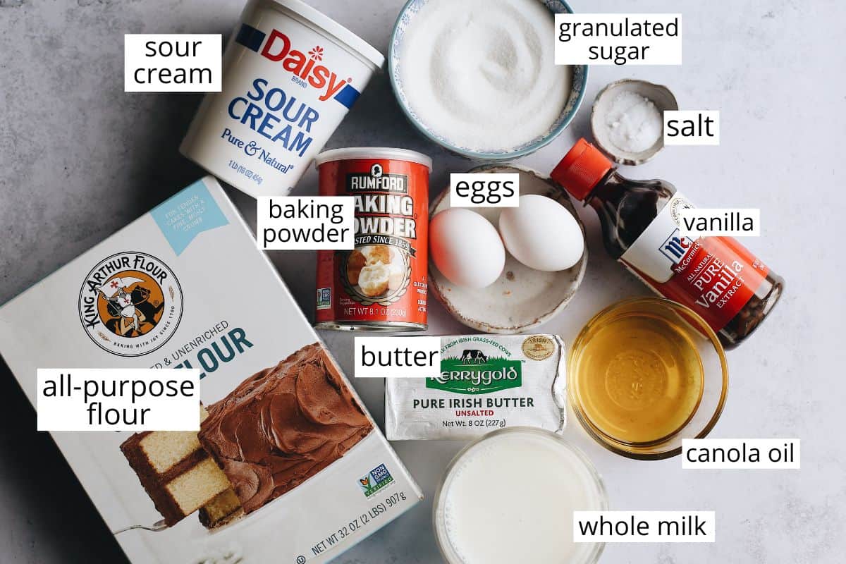 overhead photo of the labeled ingredients in this yellow cake recipe