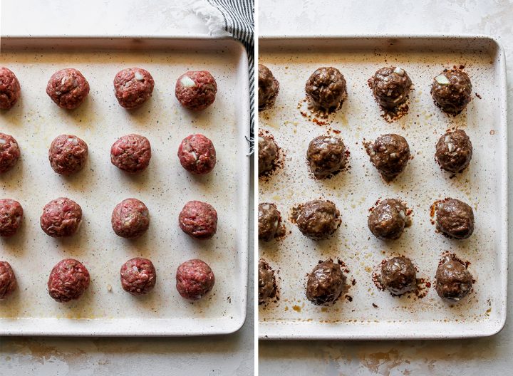 two overhead photos showing How to Make Greek Meatballs - baking on a baking sheet in the oven 