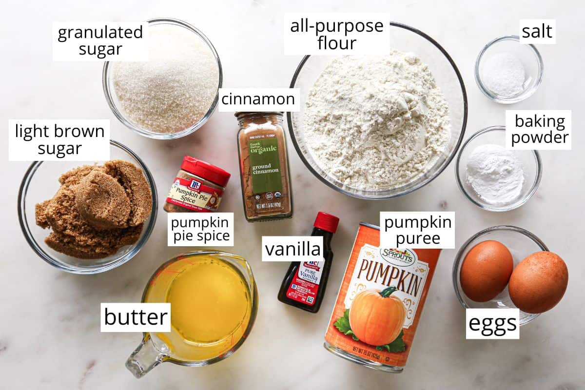 overhead photo of the labeled ingredients in this Pumpkin Muffin recipe