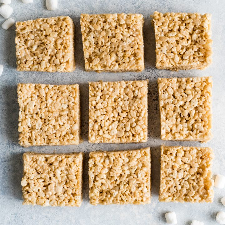 overhead view of 9 Rice Crispy Treats cut into squares