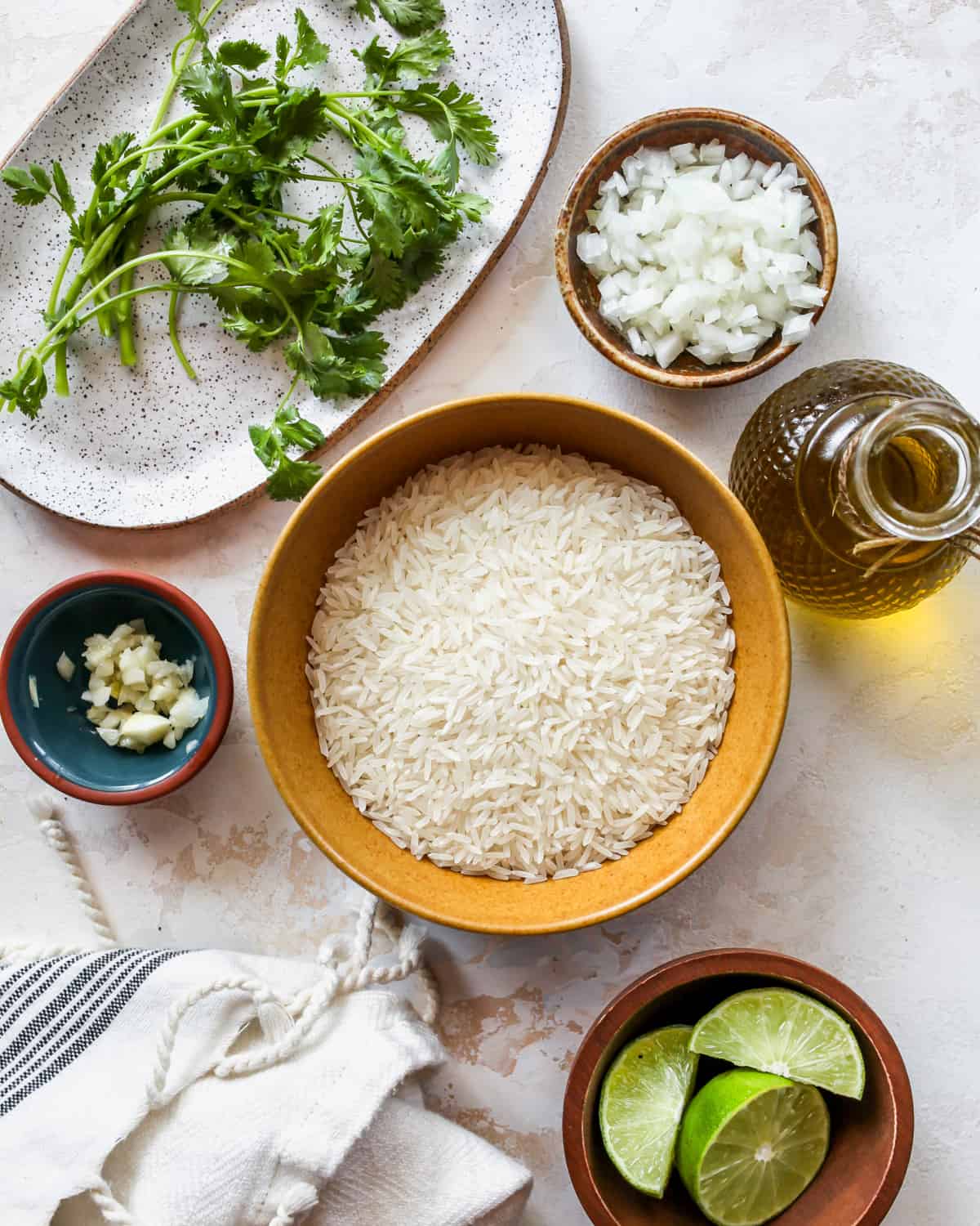 overhead view of the ingredients in this Cilantro Lime Rice recipe