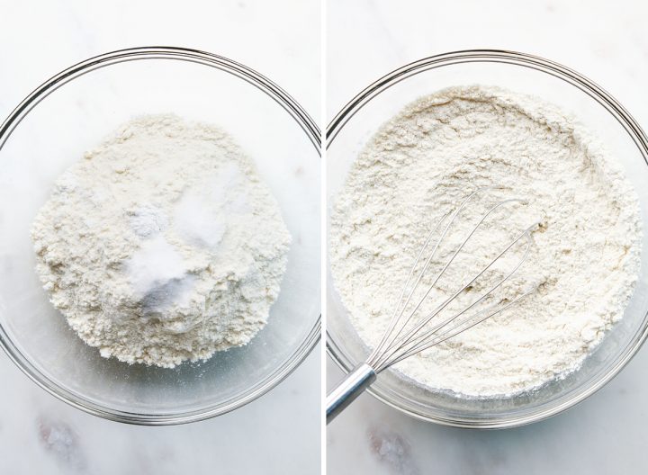two overhead photos showing how to make cranberry white chocolate cookies - combining dry ingredients