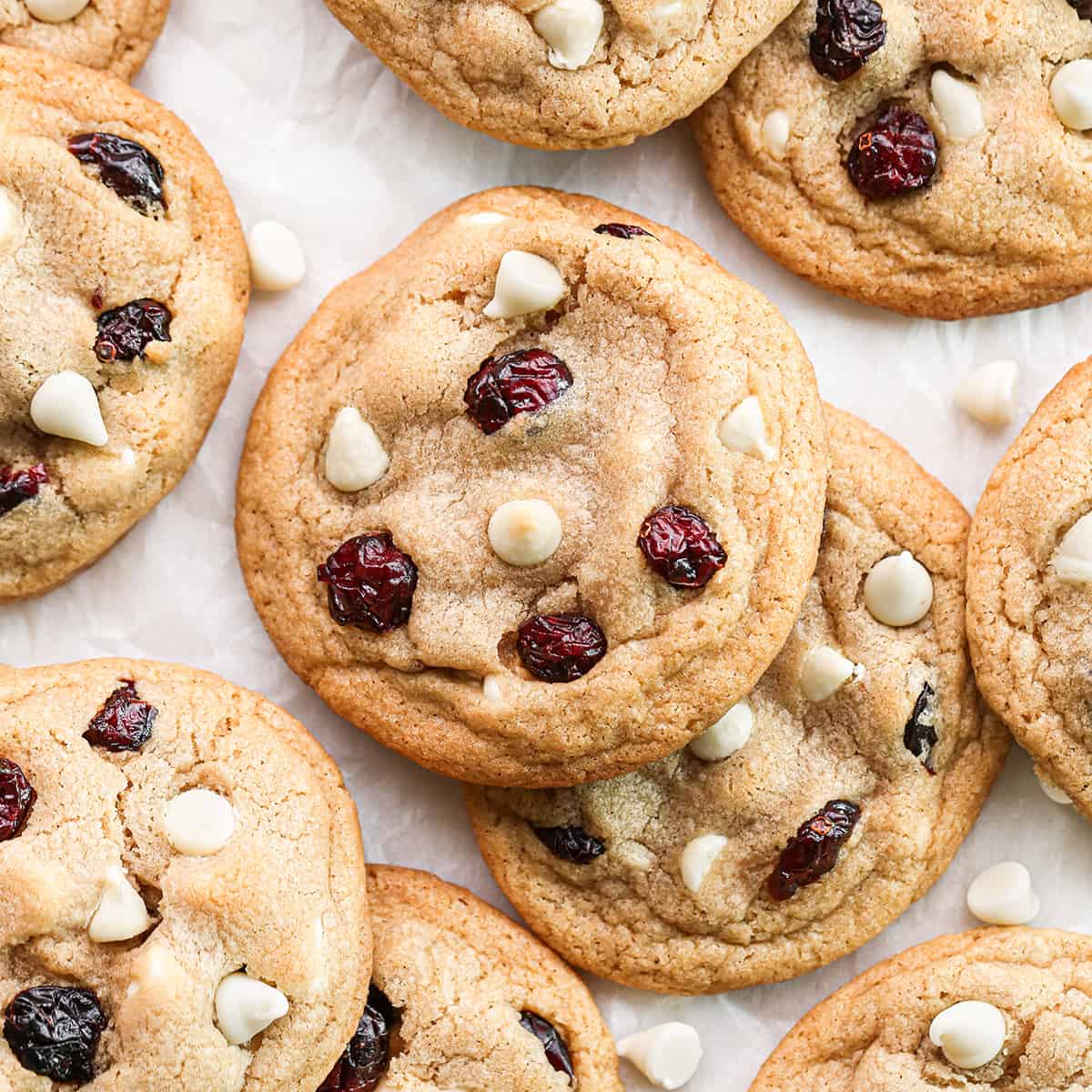 overhead view of 9 White Chocolate Cranberry Cookies