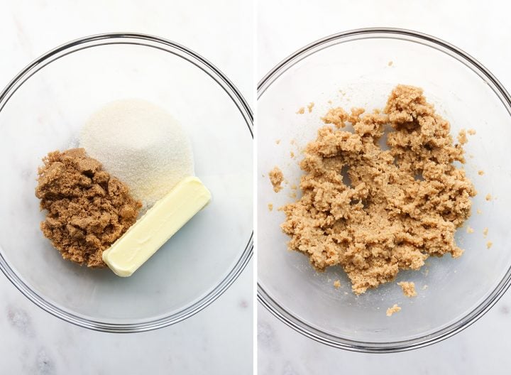 two overhead photos showing how to make cranberry white chocolate cookies - beating butter and sugars together
