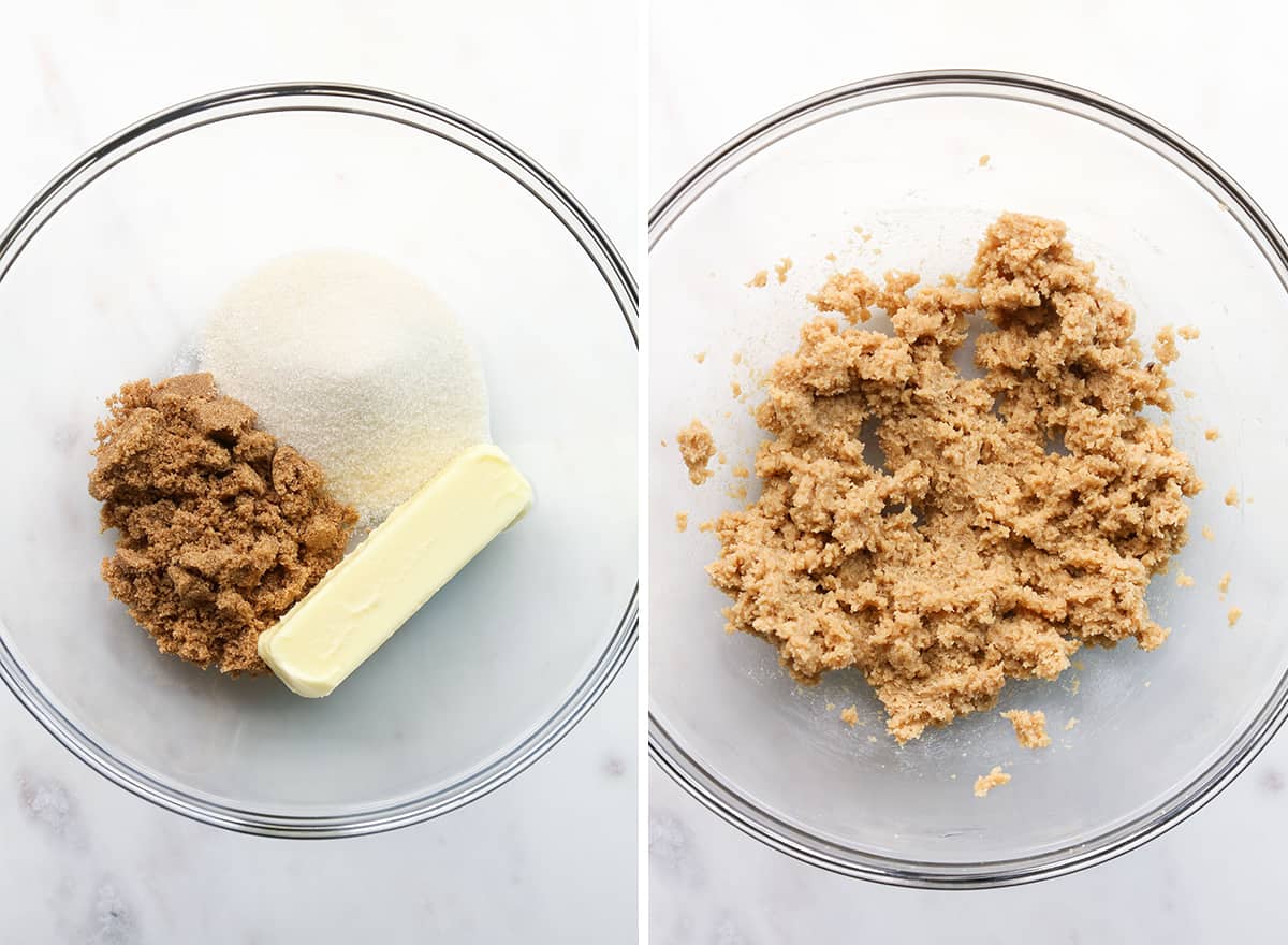 two overhead photos showing how to make cranberry white chocolate cookies - beating butter and sugars together