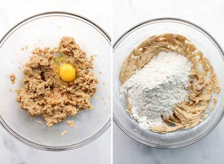 two overhead photos showing how to make cranberry white chocolate cookies - adding egg and dry ingredients 