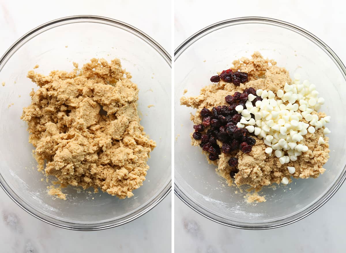 two overhead photos showing how to make cranberry white chocolate cookies - adding cranberries and white chocolate chips