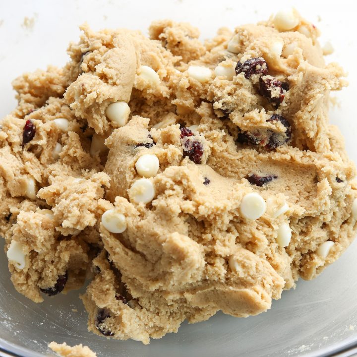 front view of the white chocolate chip cranberry cookie dough
