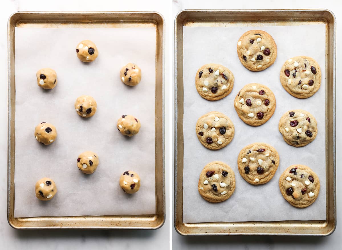 two overhead photos showing how to make cranberry white chocolate cookies - before and after baking on a baking sheet