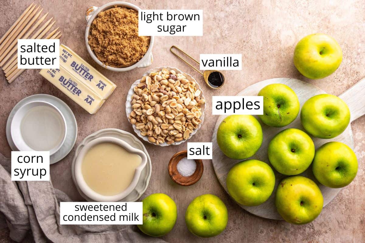overhead view of the labeled ingredients in this Homemade Caramel Apples recipe 