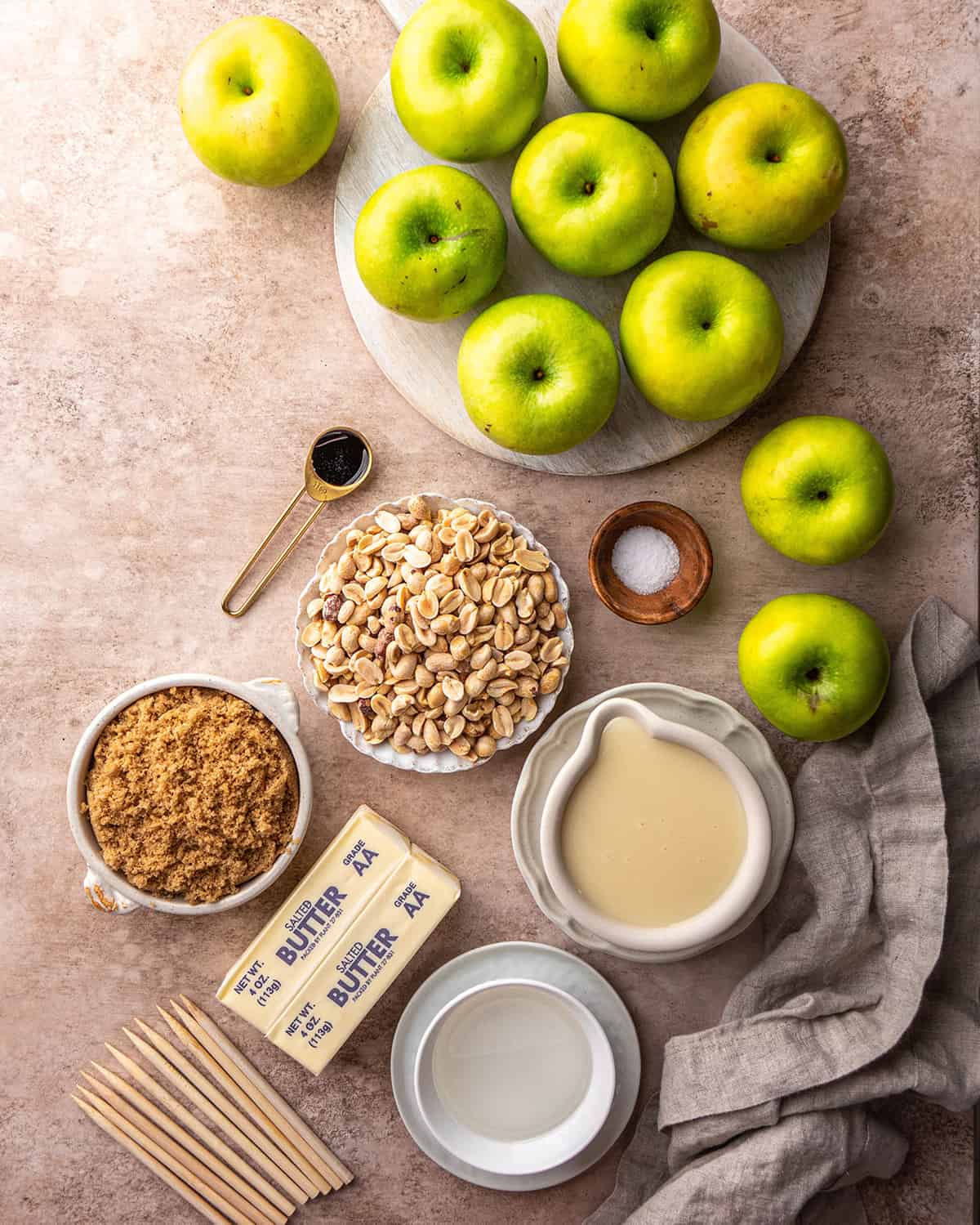 overhead view of the ingredients in this Homemade Caramel Apples recipe 