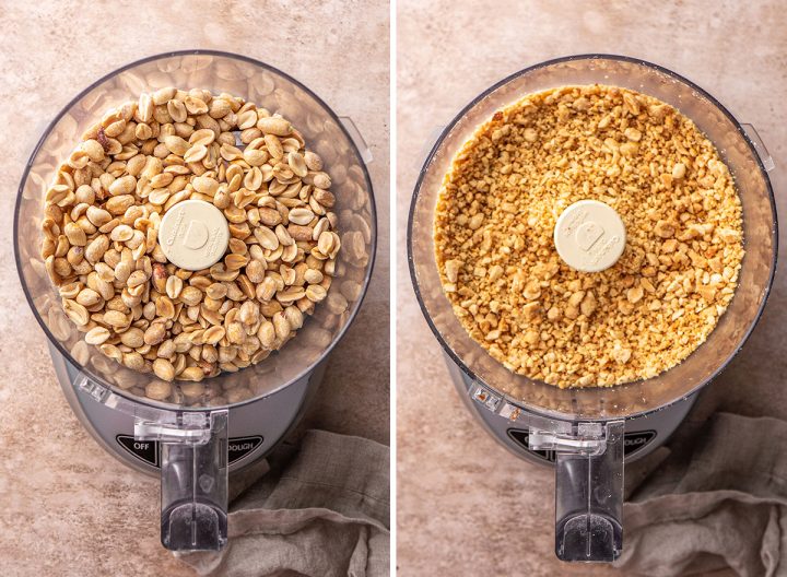 two overhead photos showing How to Make Caramel Apples - crushing the peanuts 