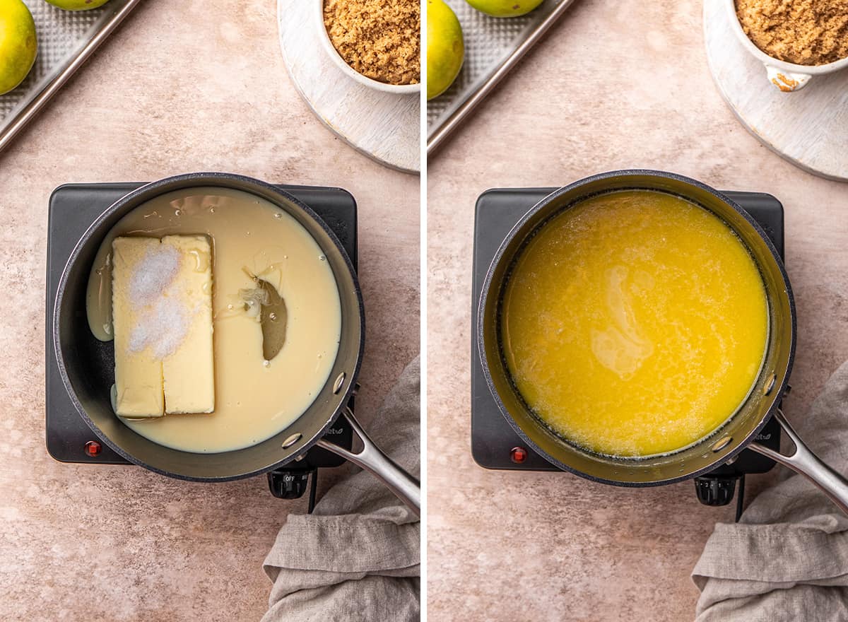 two overhead photos showing How to Make Caramel Apples - melting butter, sea salt and corn syrup