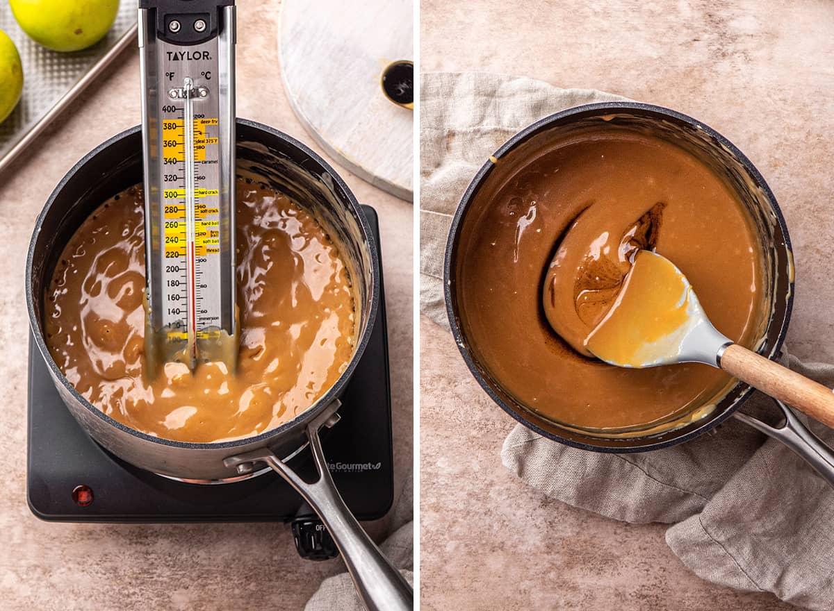two overhead photos showing How to Make Caramel Apples - using a candy thermometer and adding vanilla and stirring