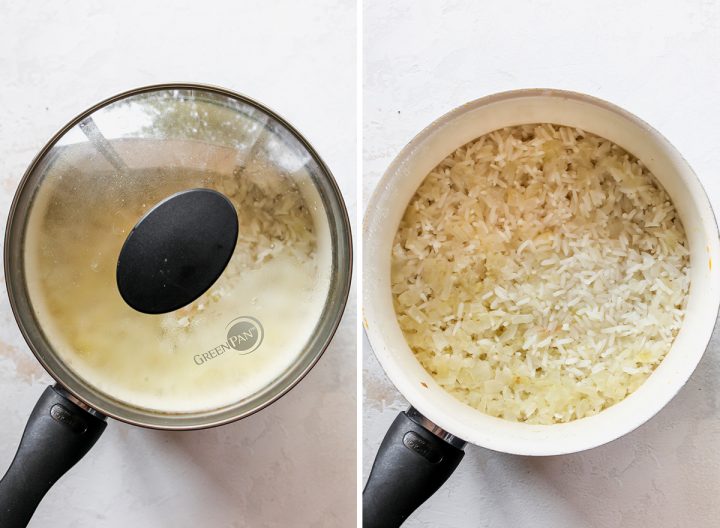 two overhead photos showing How to Make cilantro Lime Rice - covering and cooking rice