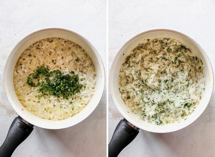 two overhead photos showing How to Make cilantro Lime Rice - adding cilantro and lime juice 