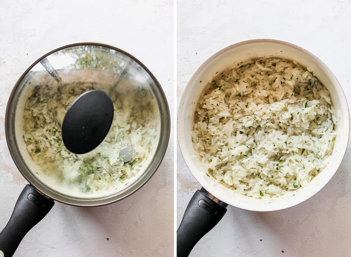 two overhead photos showing How to Make cilantro Lime Rice - covering and cooking rice 