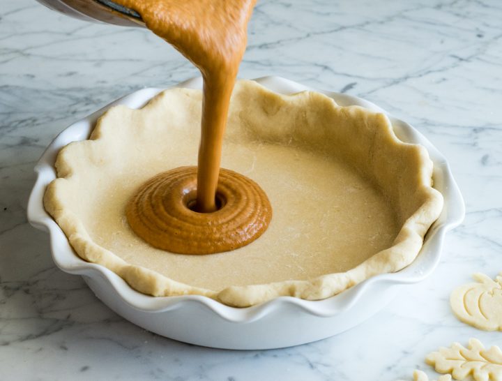 photo showing How to Make Dairy-Free Pumpkin Pie - pouring filling into pie crust