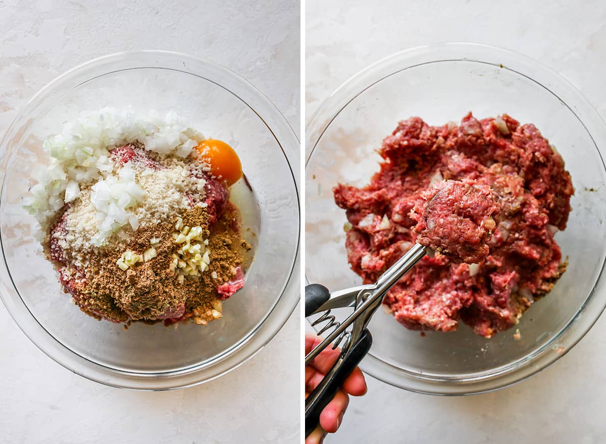 two overhead photos showing How to Make Greek Meatballs - making and portioning out the meatball mixture