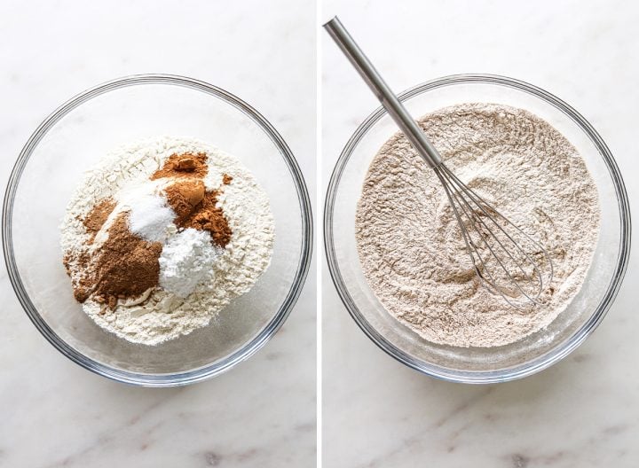 two photos showing How to Make Pumpkin Muffins from Scratch - combining dry ingredients