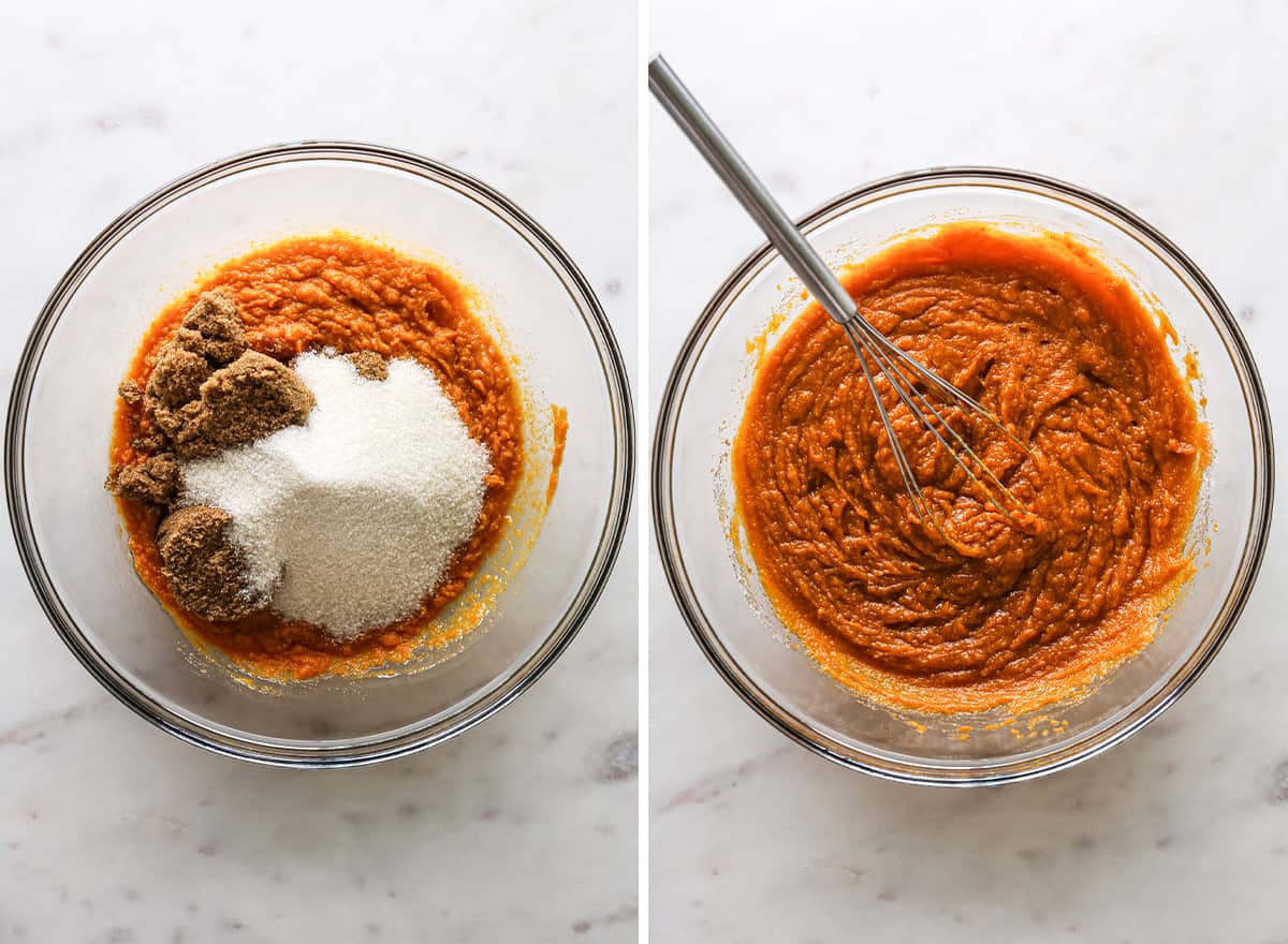  two photos showing How to Make Pumpkin Muffins from Scratch - adding brown and granulated sugar