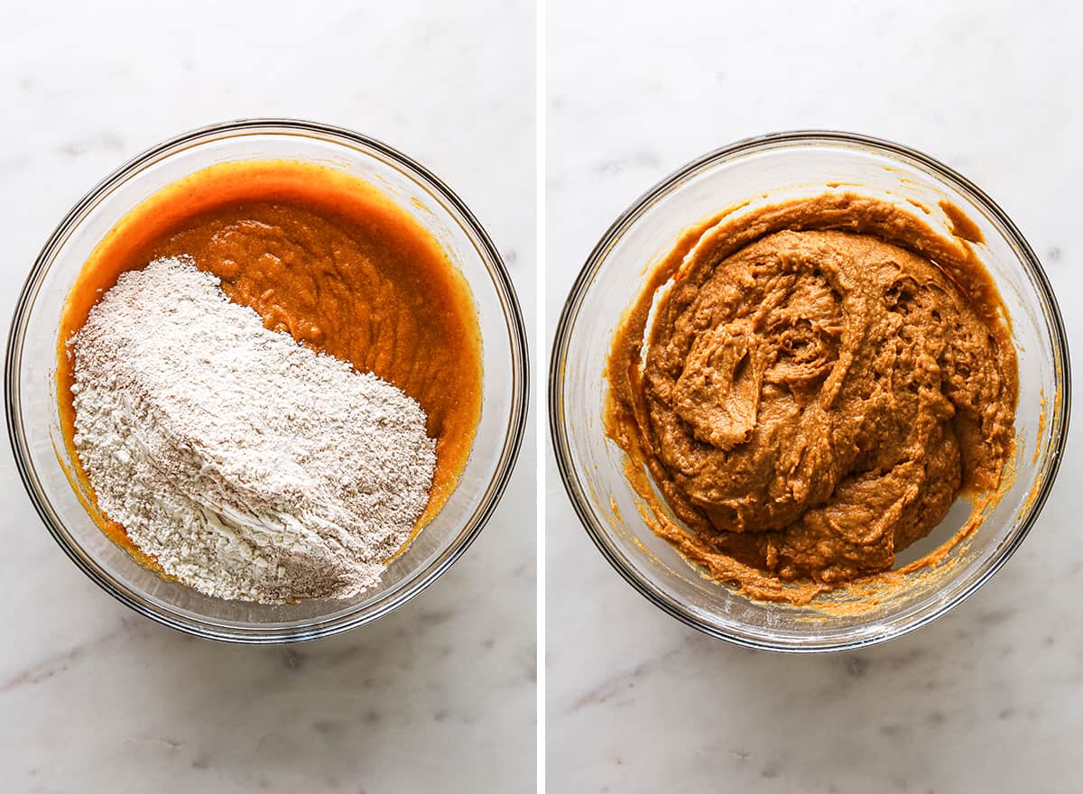  two photos showing How to Make Pumpkin Muffins from Scratch - combining wet and dry ingredients