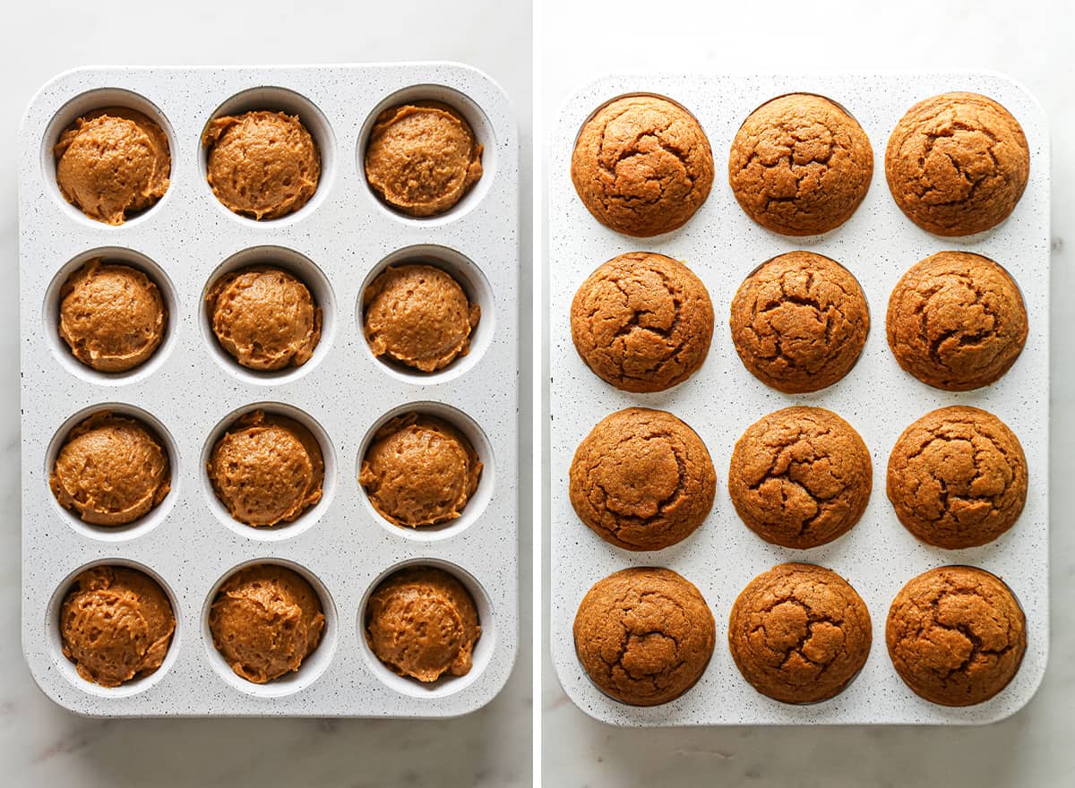  two photos showing How to Make Pumpkin Muffins from Scratch - before and after baking in a muffin tin