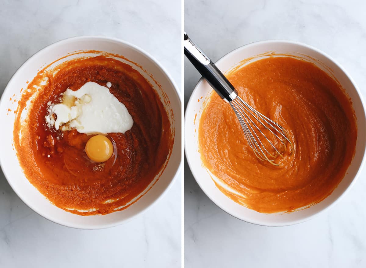 two photos showing How to Make Pumpkin Pancakes - whisking the wet ingredients