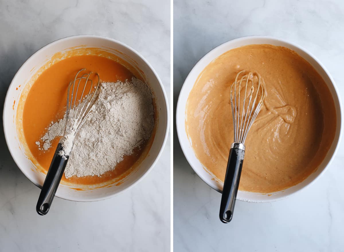 two photos showing How to Make Pumpkin Pancakes - whisking in dry ingredients