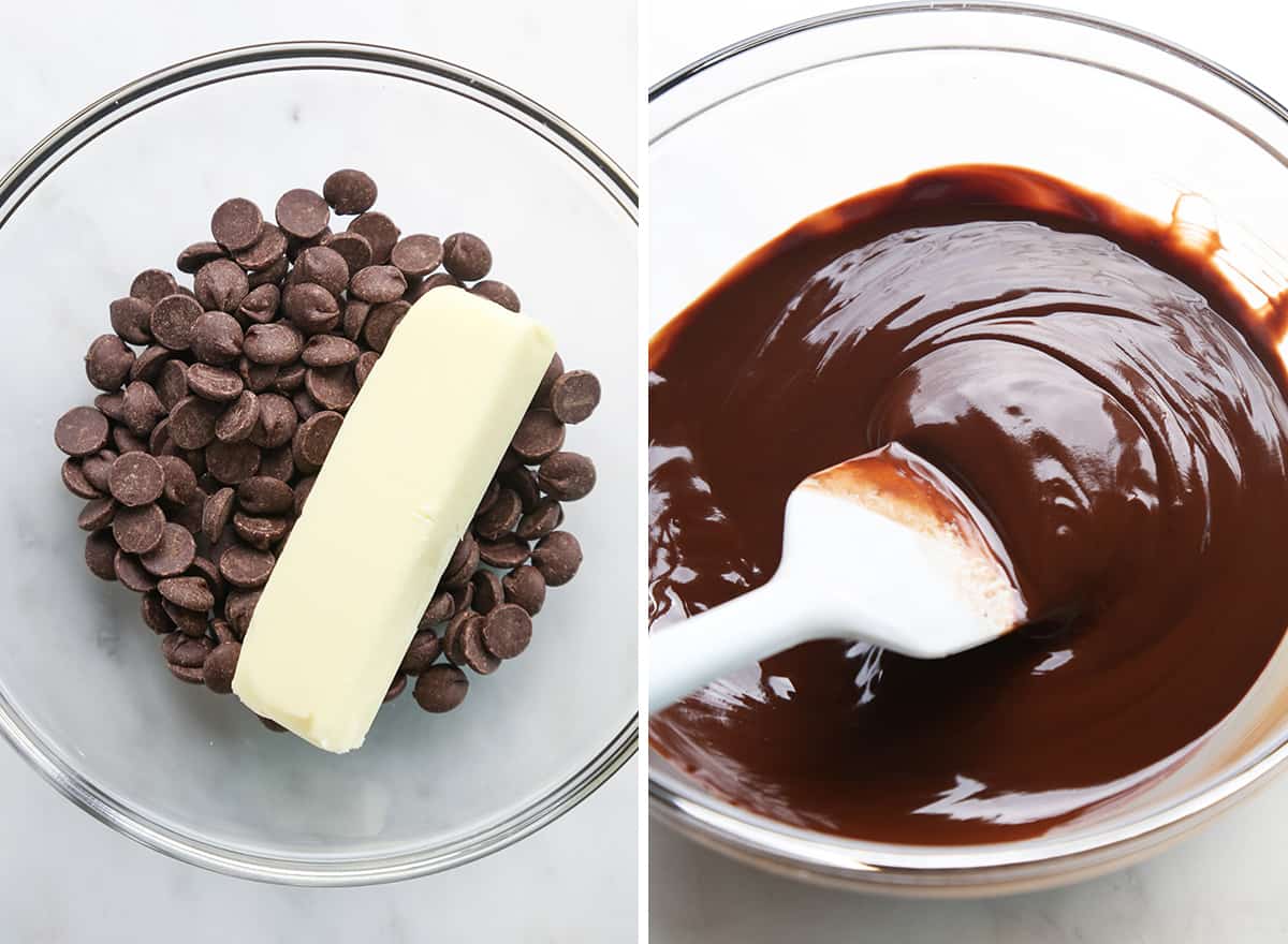 two photos showing How to Make Pumpkin Brownies - melting butter and chocolate. 