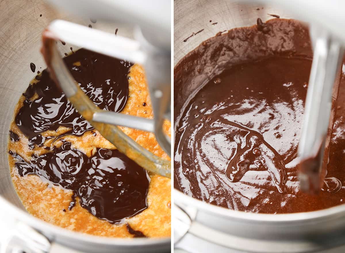 two photos showing How to Make Pumpkin Brownies - adding chocolate mixture