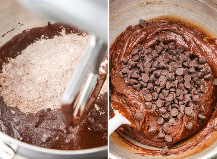 two photos showing How to Make Pumpkin Brownies - adding dry ingredients and chocolate chips