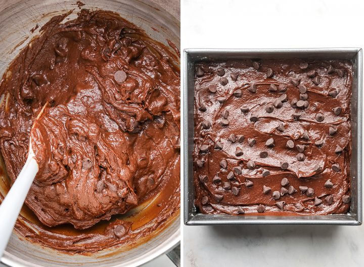 two photos showing How to Make Pumpkin Brownies - final batter in the baking pan before baking
