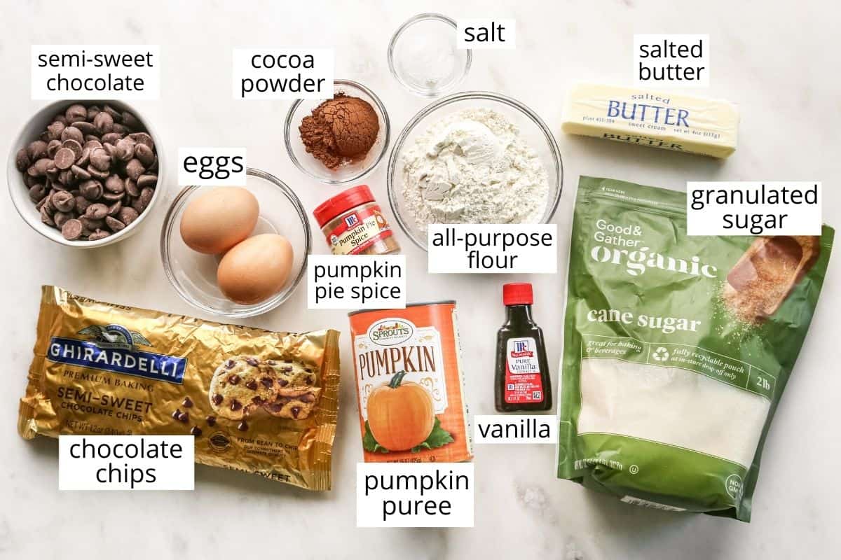 overhead photo of the labeled ingredients in this Pumpkin Brownie recipe