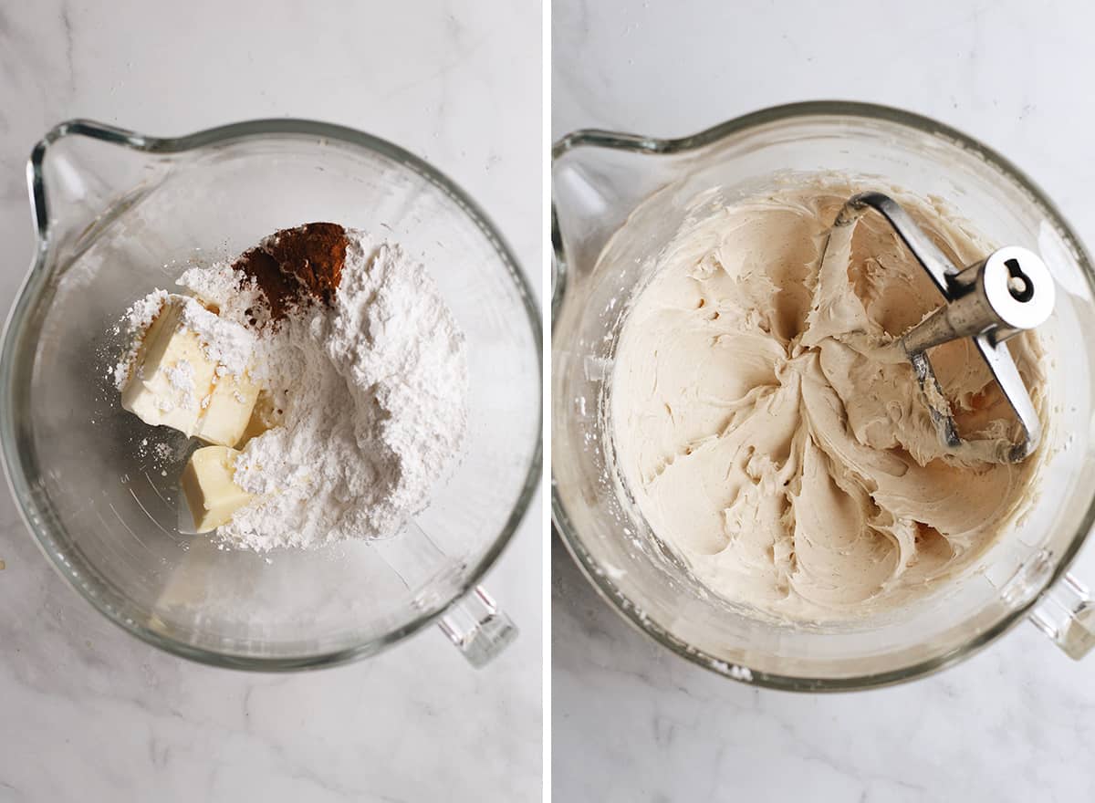 two overhead photos showing How to make the cream cheese frosting for Pumpkin Cinnamon Rolls