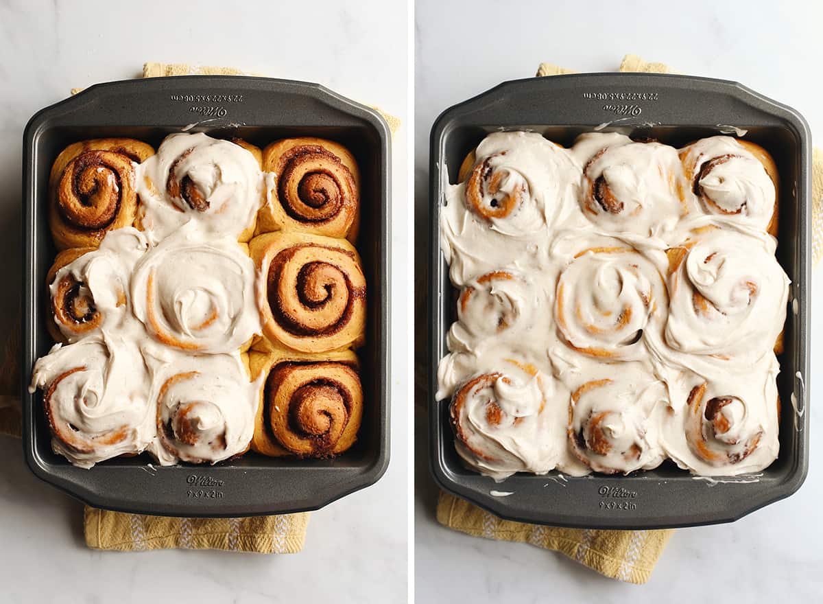two photos showing How to make Pumpkin Cinnamon Rolls - frosting the rolls in the baking dish.