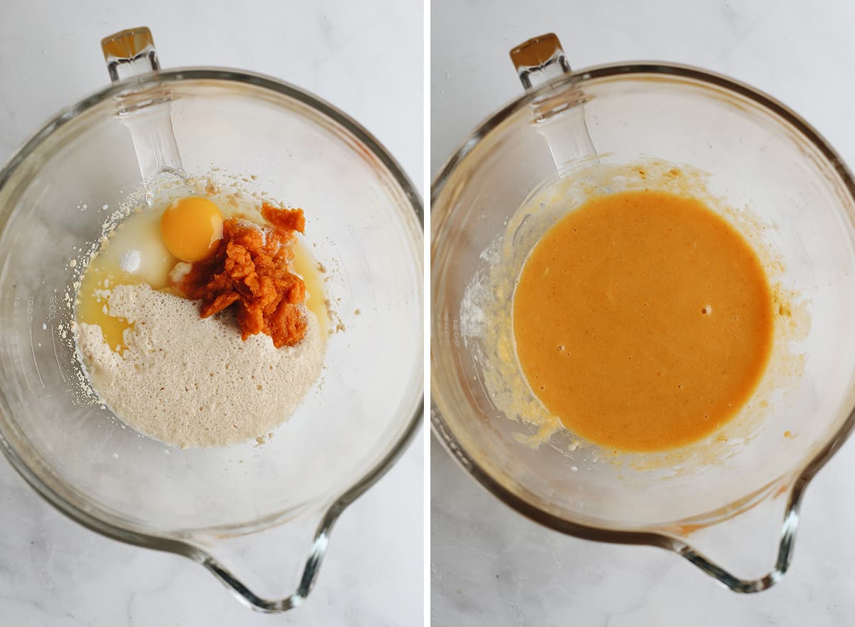two photos showing How to make Pumpkin Cinnamon Rolls - mixing the wet ingredients together